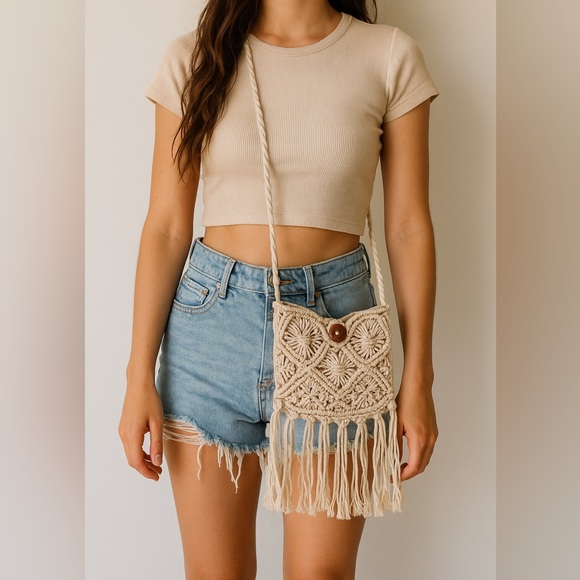 Billabong Handbags - Billabong Cream Macrame Crossbody Bag – Boho Crochet Fringe Purse 100% Cotton